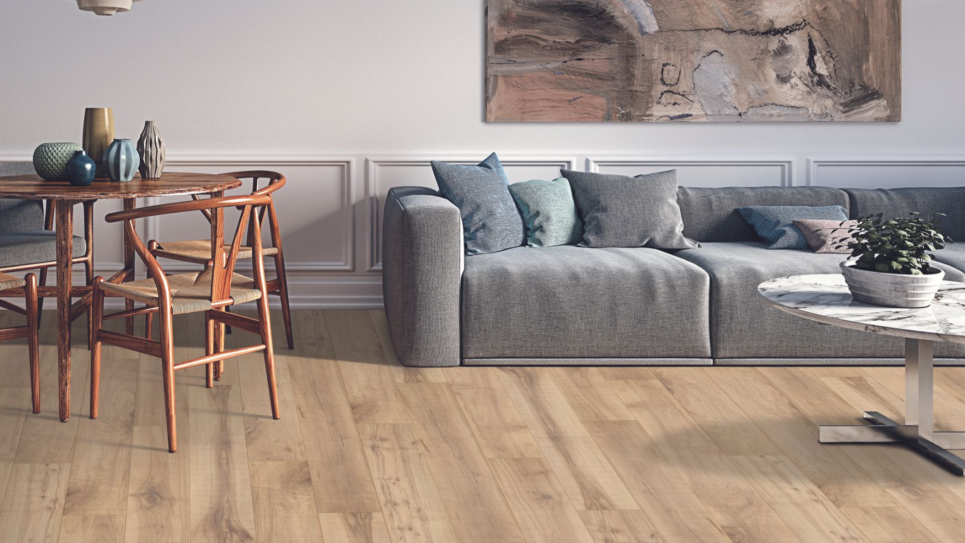 luxury vinyl plank flooring in a stylish living and dining room